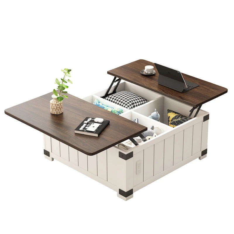 Tavolino da salotto stile rustico con piano sollevabile, contenitore, porte USB e stazione di ricarica