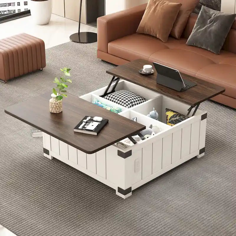 Tavolino da salotto stile rustico con piano sollevabile, contenitore, porte USB e stazione di ricarica