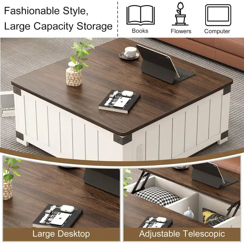 Tavolino da salotto stile rustico con piano sollevabile, contenitore, porte USB e stazione di ricarica