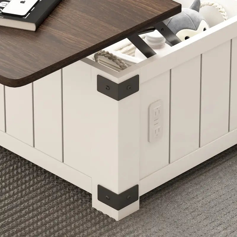 Stolik kawowy w stylu farmhouse z podnoszonym blatem, schowkiem, portami USB i stacją ładującą