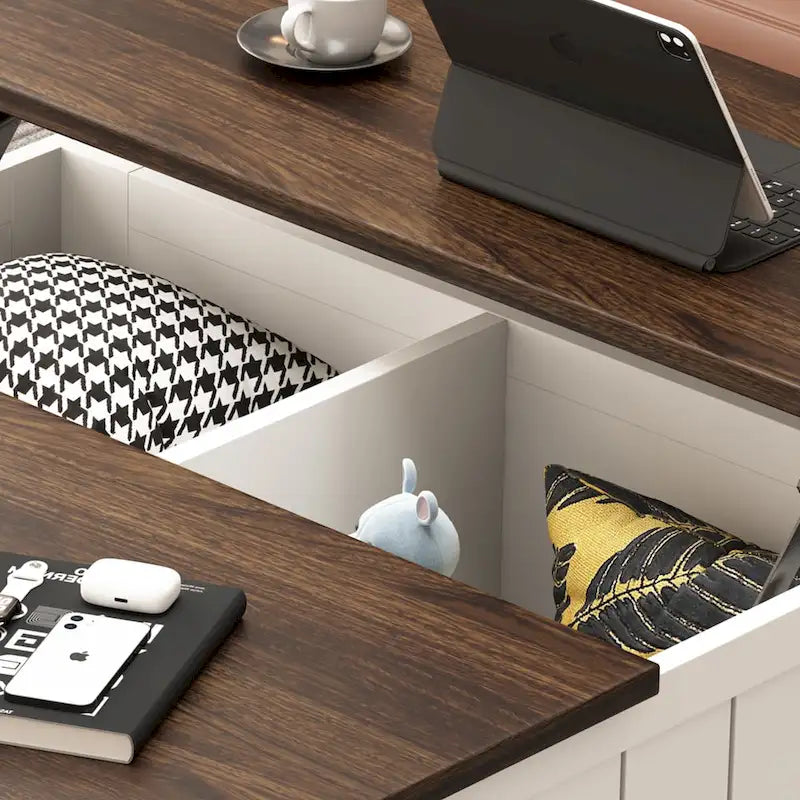 Stolik kawowy w stylu farmhouse z podnoszonym blatem, schowkiem, portami USB i stacją ładującą