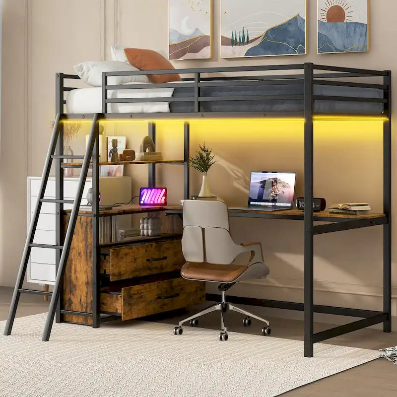 Letto a soppalco in metallo e legno, misura singola, con scrivania e ripiani, due cassetti integrati, luce LED e stazione di ricarica USB