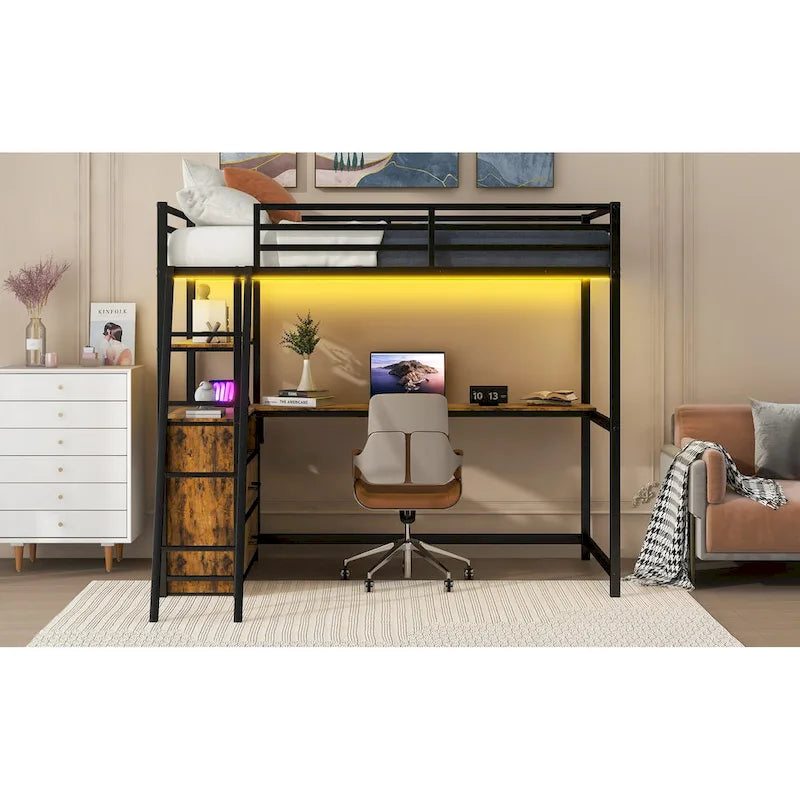 Twin Size Metal&Wood Loft Bed with Desk and Shelves, Two Built-in Drawers, LED Light and USB Charging Station