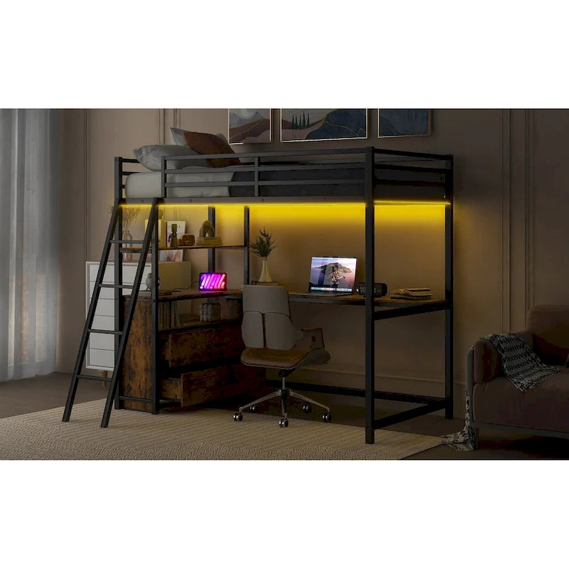 Twin Size Metal&Wood Loft Bed with Desk and Shelves, Two Built-in Drawers, LED Light and USB Charging Station
