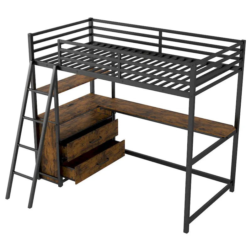 Twin Size Metal&Wood Loft Bed with Desk and Shelves, Two Built-in Drawers, LED Light and USB Charging Station