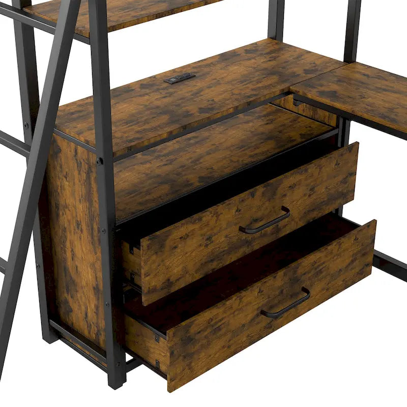 Twin Size Metal&Wood Loft Bed with Desk and Shelves, Two Built-in Drawers, LED Light and USB Charging Station