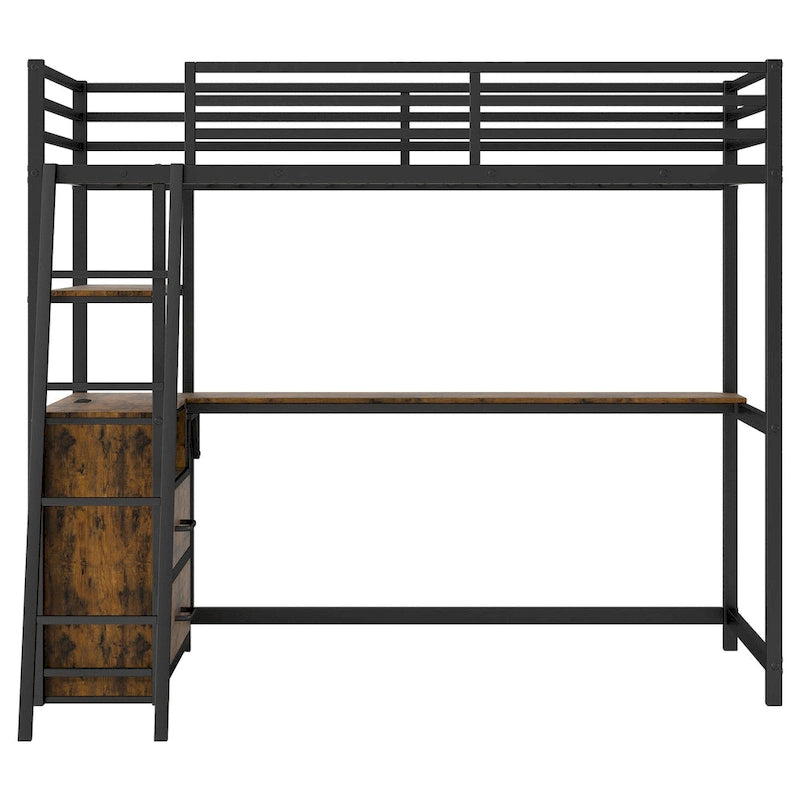 Twin Size Metal&Wood Loft Bed with Desk and Shelves, Two Built-in Drawers, LED Light and USB Charging Station