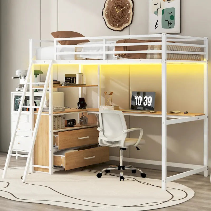 Twin Size Metal&Wood Loft Bed with Desk and Shelves, Two Built-in Drawers, LED Light and USB Charging Station