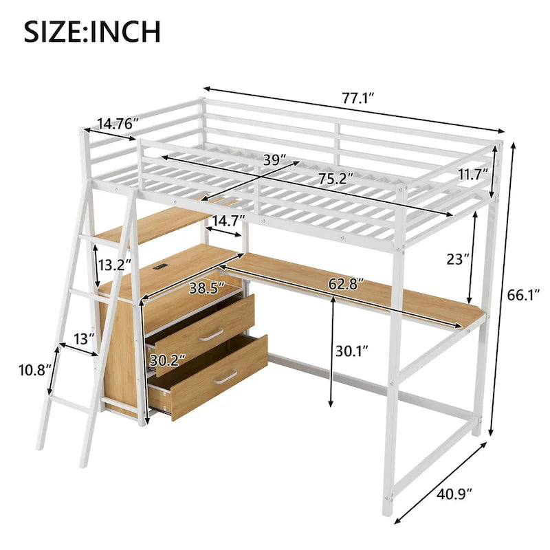 Twin Size Metal&Wood Loft Bed with Desk and Shelves, Two Built-in Drawers, LED Light and USB Charging Station