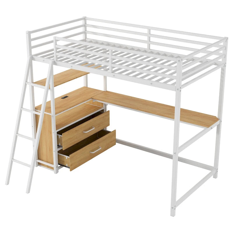 Twin Size Metal&Wood Loft Bed with Desk and Shelves, Two Built-in Drawers, LED Light and USB Charging Station