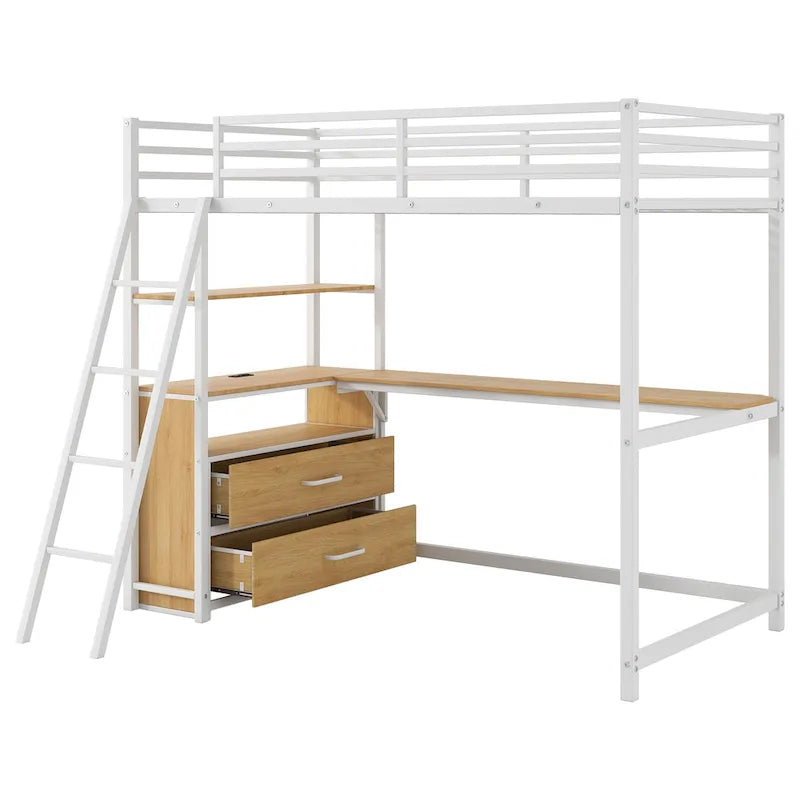 Twin Size Metal&Wood Loft Bed with Desk and Shelves, Two Built-in Drawers, LED Light and USB Charging Station