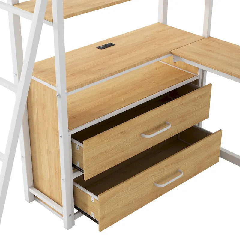 Twin Size Metal&Wood Loft Bed with Desk and Shelves, Two Built-in Drawers, LED Light and USB Charging Station