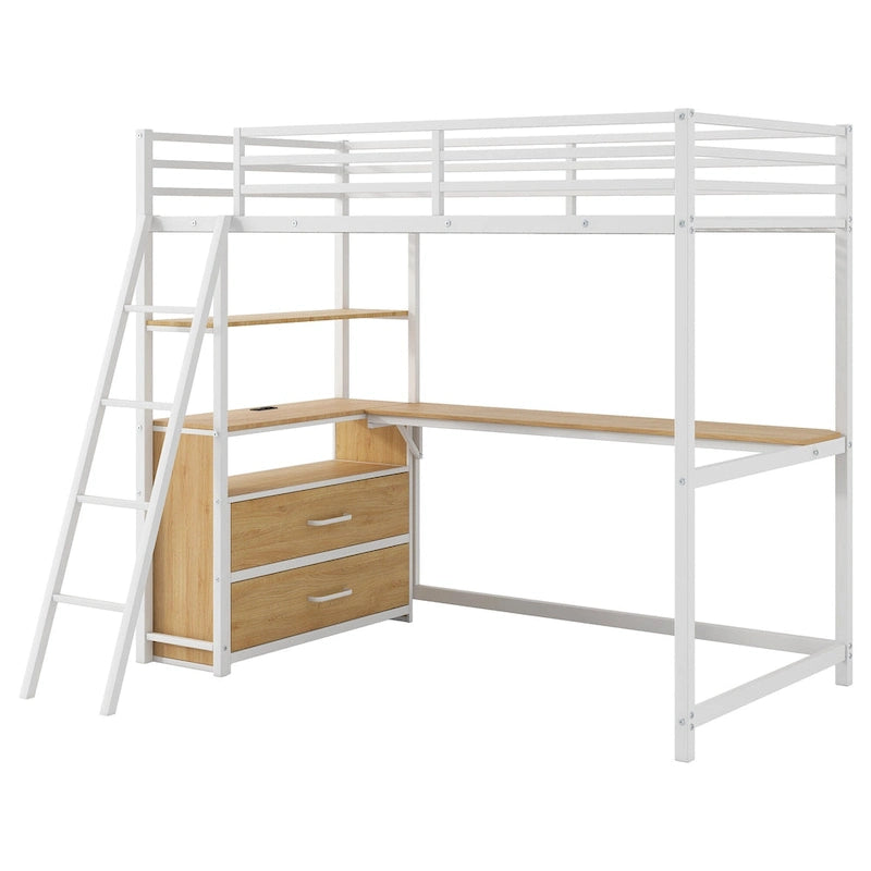 Twin Size Metal&Wood Loft Bed with Desk and Shelves, Two Built-in Drawers, LED Light and USB Charging Station