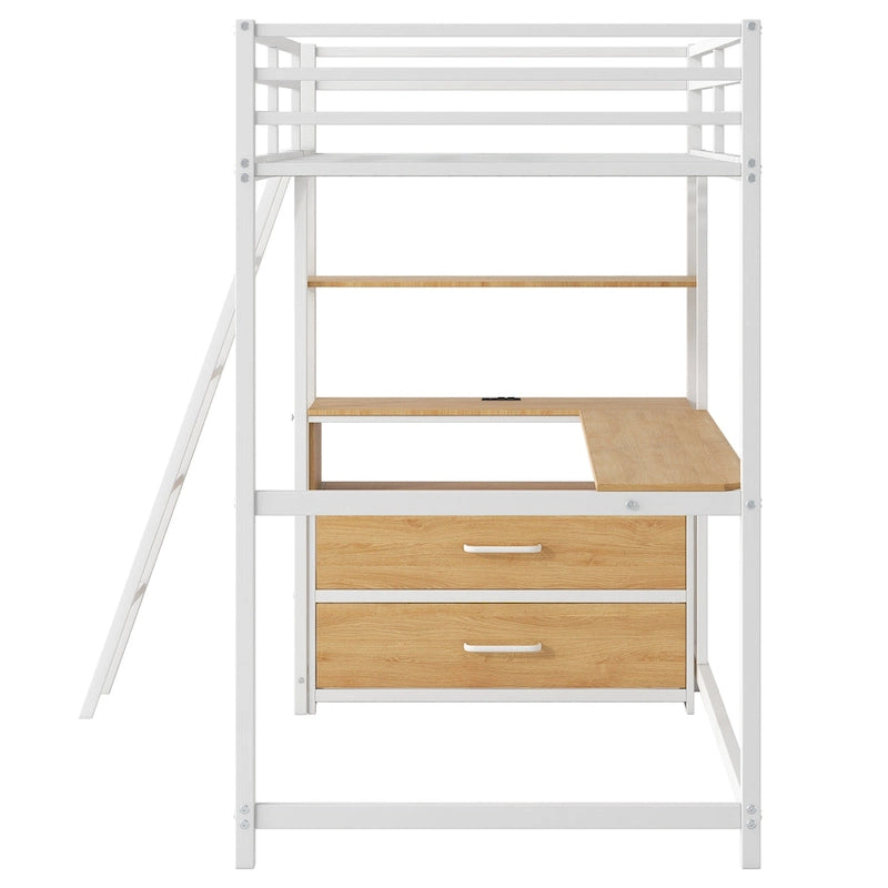 Twin Size Metal&Wood Loft Bed with Desk and Shelves, Two Built-in Drawers, LED Light and USB Charging Station