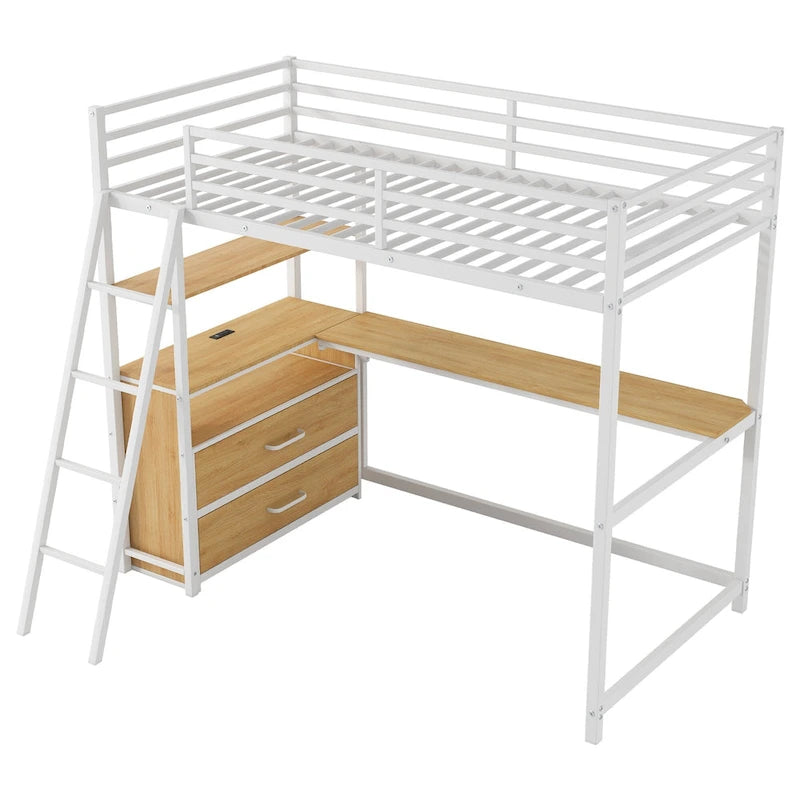 Twin Size Metal&Wood Loft Bed with Desk and Shelves, Two Built-in Drawers, LED Light and USB Charging Station