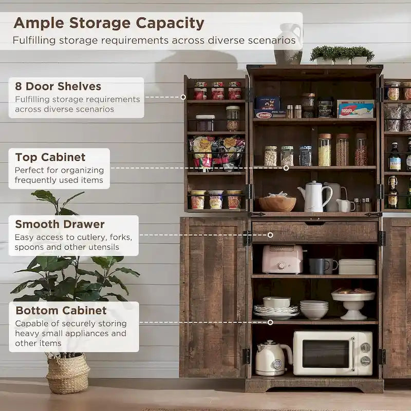 72 Tall Farmhouse Kitchen Pantry, Storage Cabinet with Barn Doors - N/A