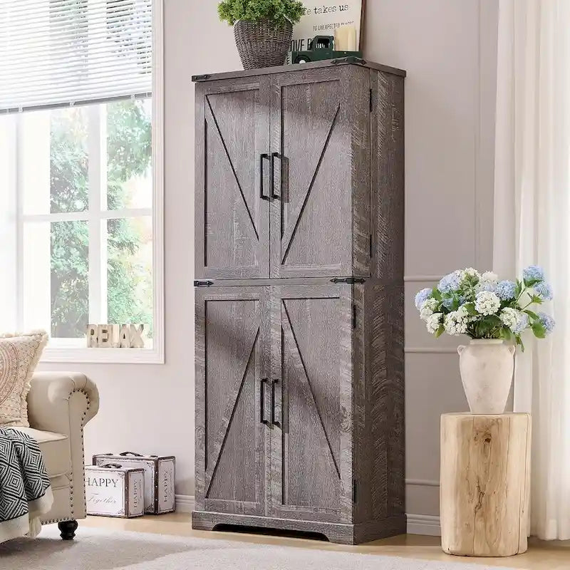 72 Tall Farmhouse Kitchen Pantry, Storage Cabinet with Barn Doors - N/A