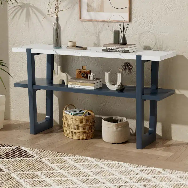 Narrow Console Table with Marble-Effect Top(Navy)