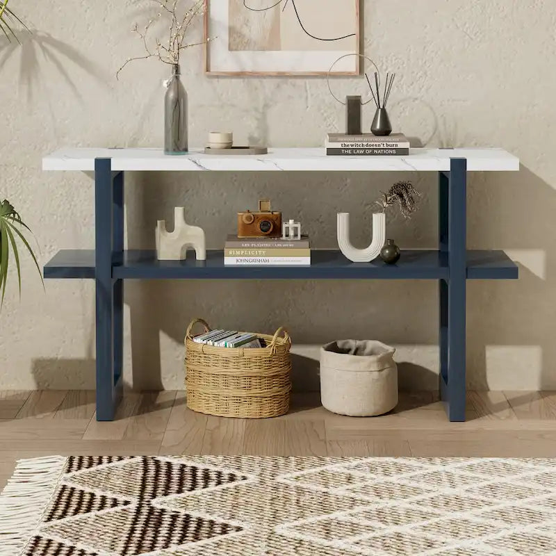 Tavolo consolle stretto con piano effetto marmo (blu navy)