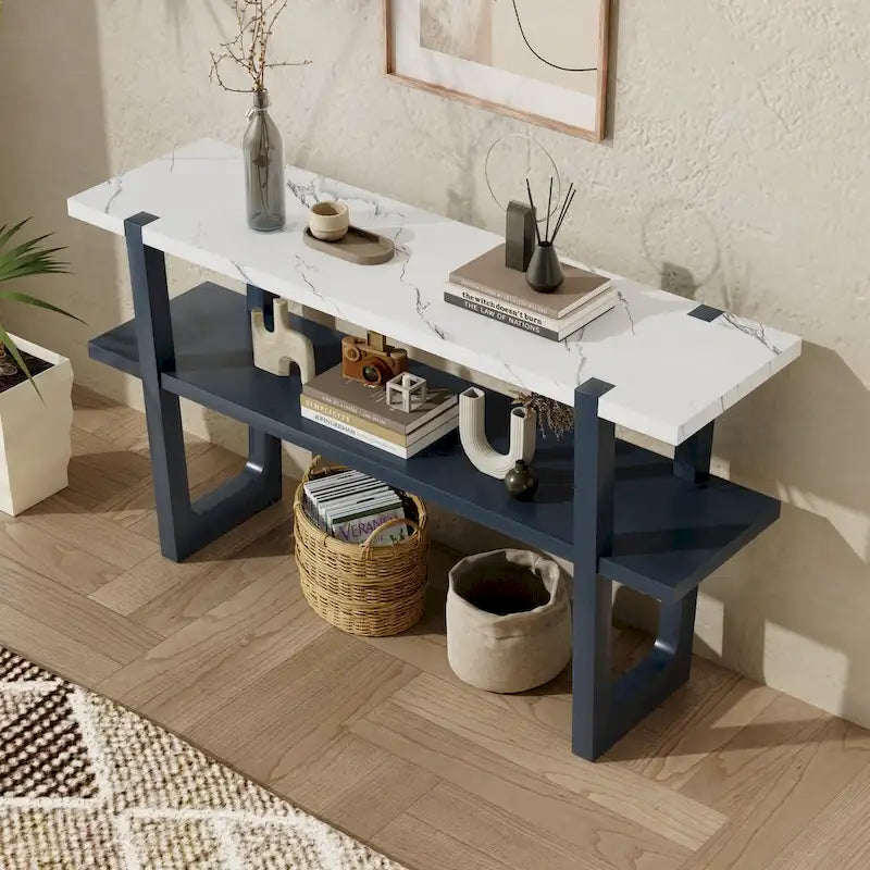 Tavolo consolle stretto con piano effetto marmo (blu navy)
