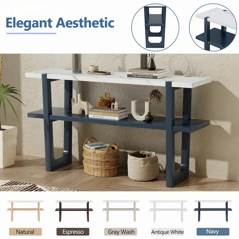 Tavolo consolle stretto con piano effetto marmo (blu navy)