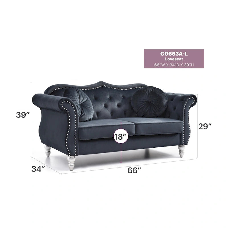 68 in. Velvet Loveseat with 2-Throw Pillow - 68L x 35W x 34H