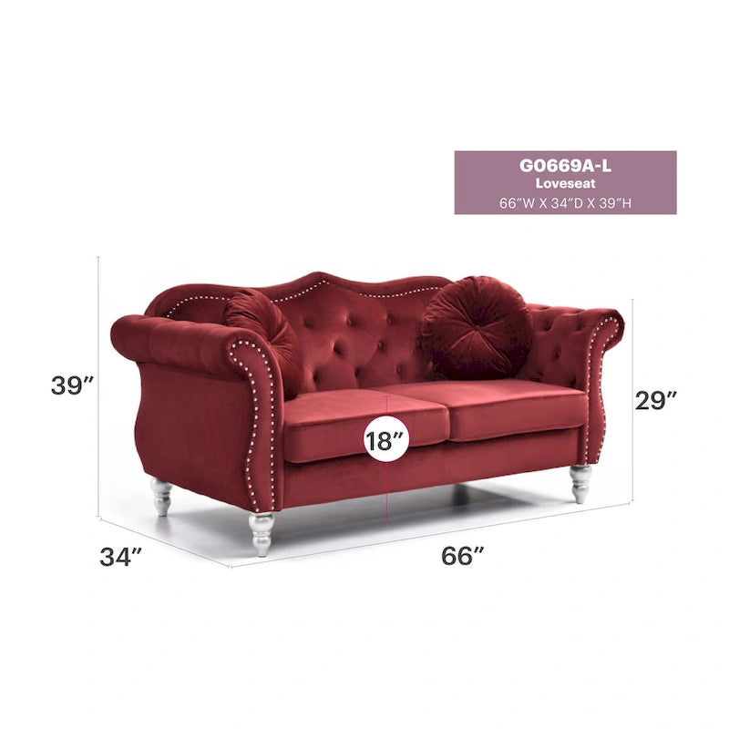 68 in. Velvet Loveseat with 2-Throw Pillow - 68L x 35W x 34H