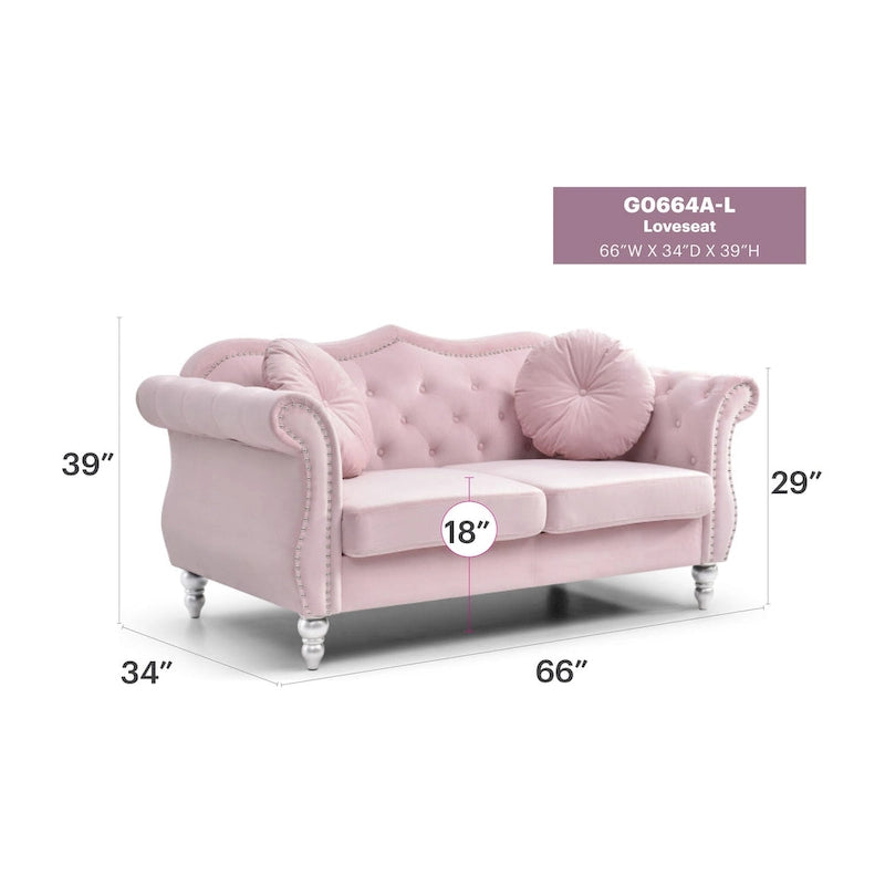 68 in. Velvet Loveseat with 2-Throw Pillow - 68L x 35W x 34H