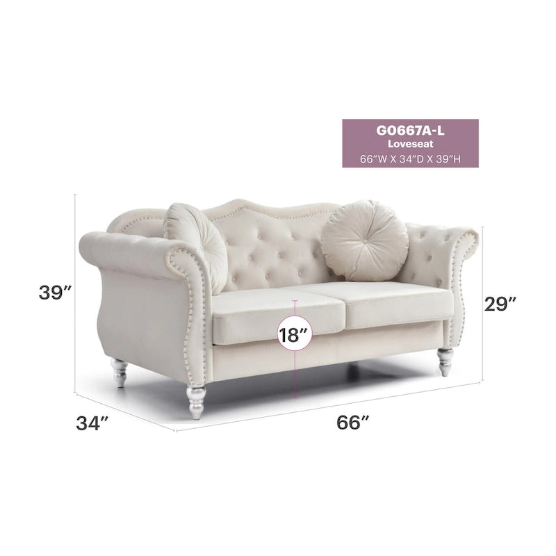 68 in. Velvet Loveseat with 2-Throw Pillow - 68L x 35W x 34H