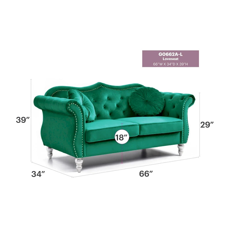 68 in. Velvet Loveseat with 2-Throw Pillow - 68L x 35W x 34H