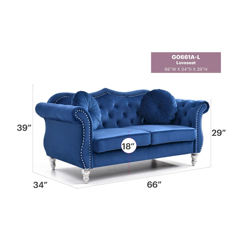 68 in. Velvet Loveseat with 2-Throw Pillow - 68L x 35W x 34H