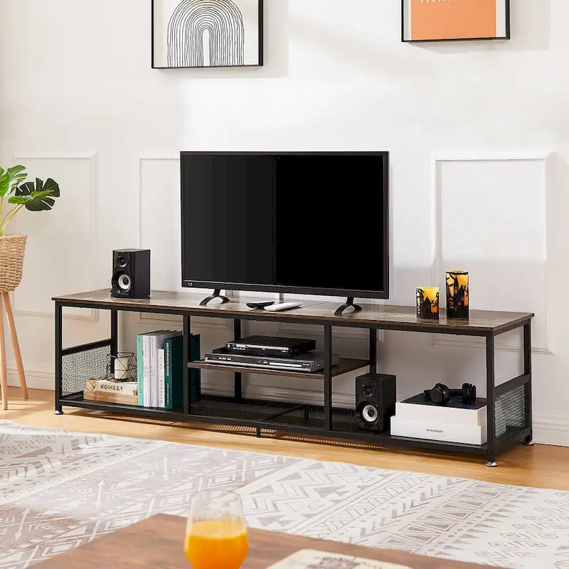 Mobile porta TV in stile industriale, consolle multimediale con contenitore e ripiano in rete per soggiorno/camera da letto, marrone