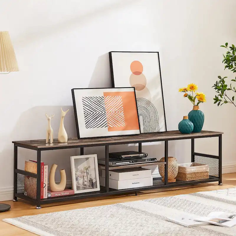 Mobile porta TV in stile industriale, consolle multimediale con contenitore e ripiano in rete per soggiorno/camera da letto, marrone