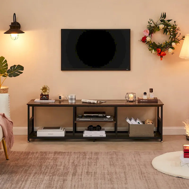 Mobile porta TV in stile industriale, consolle multimediale con contenitore e ripiano in rete per soggiorno/camera da letto, marrone
