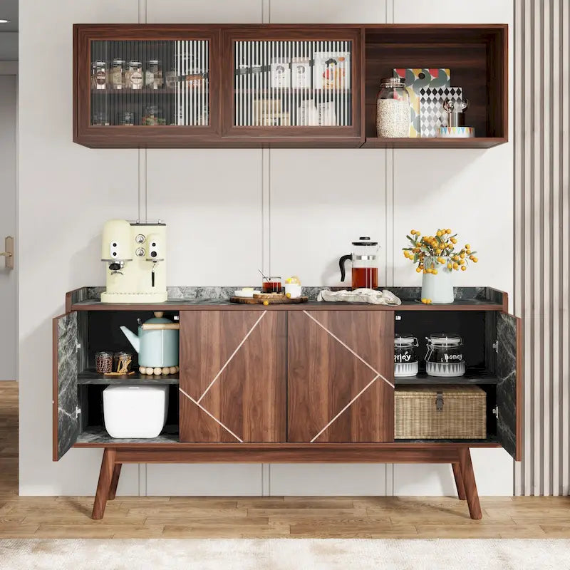 55 inch Buffet Cabinet Kitchen Sideboard Buffet Table Coffee Bar with Storage and Doors for Dining Room Living Room Entryway