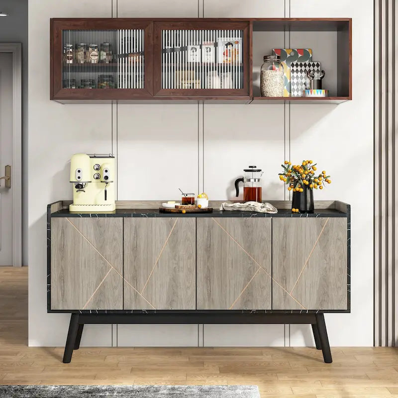 55 inch Buffet Cabinet Kitchen Sideboard Buffet Table Coffee Bar with Storage and Doors for Dining Room Living Room Entryway