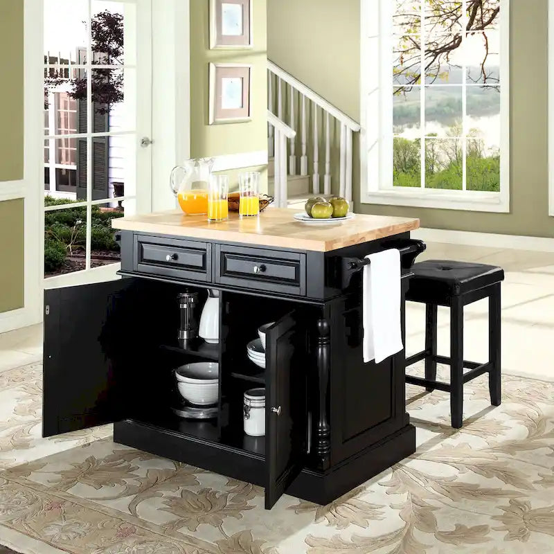 Wyspa kuchenna z blatem z drewna rzeźnickiego, w czarnym wykończeniu, ze stołkami - 47.75 W x 23 D x 35.75 H