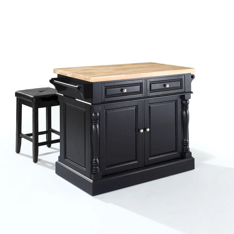 Wyspa kuchenna z blatem z drewna rzeźnickiego, w czarnym wykończeniu, ze stołkami - 47.75 W x 23 D x 35.75 H