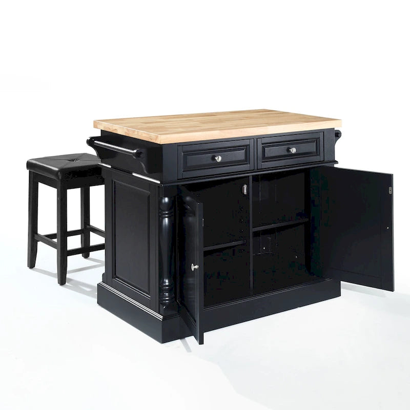 Isola da cucina con piano da macellaio, finitura nera e sgabelli - 47.75 W x 23 D x 35.75 H