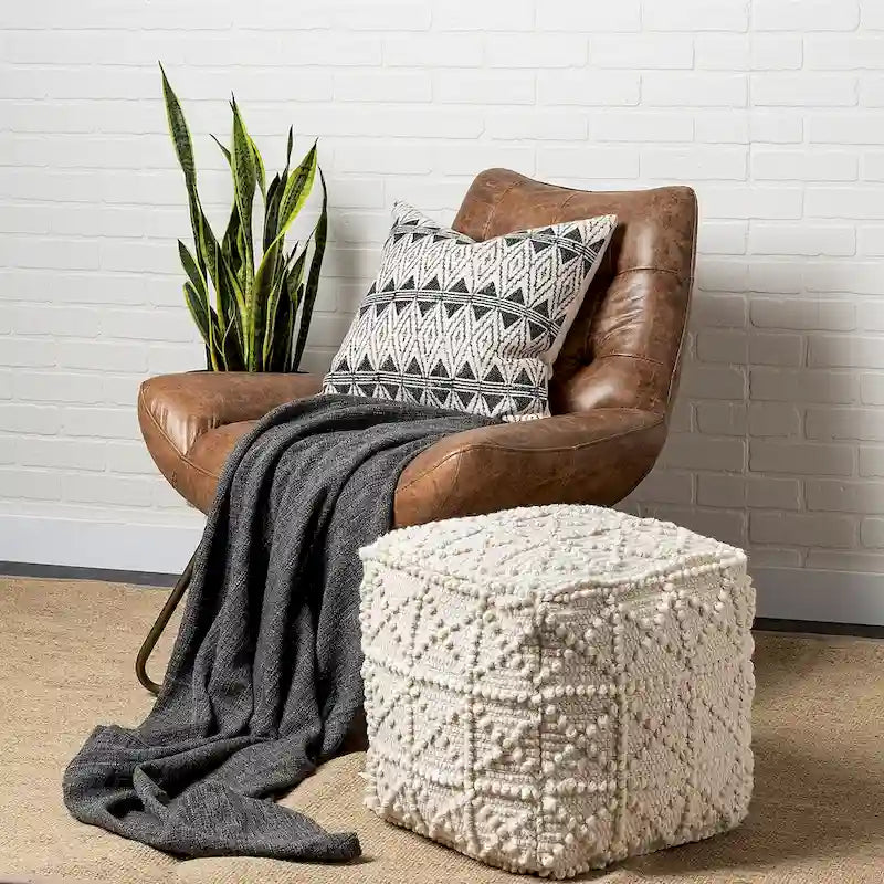 Square Cream Wool Pouf w/ Popcorn Detail