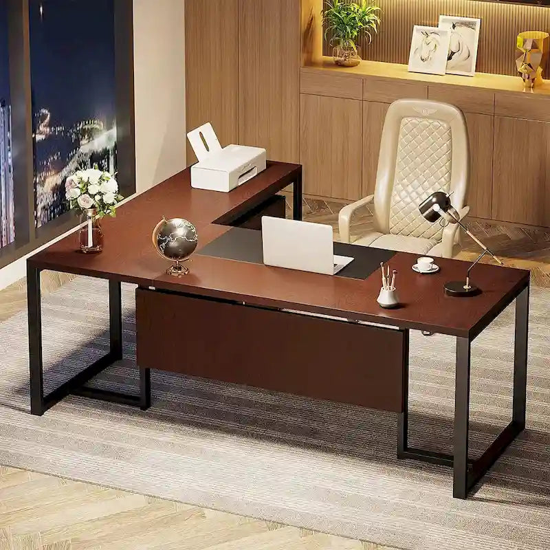 70.8 Inch Executive Desk with File Cabinet Large L Shaped Office Executive Desk Computer Desk