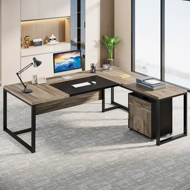 70.8 Inch Executive Desk with File Cabinet Large L Shaped Office Executive Desk Computer Desk