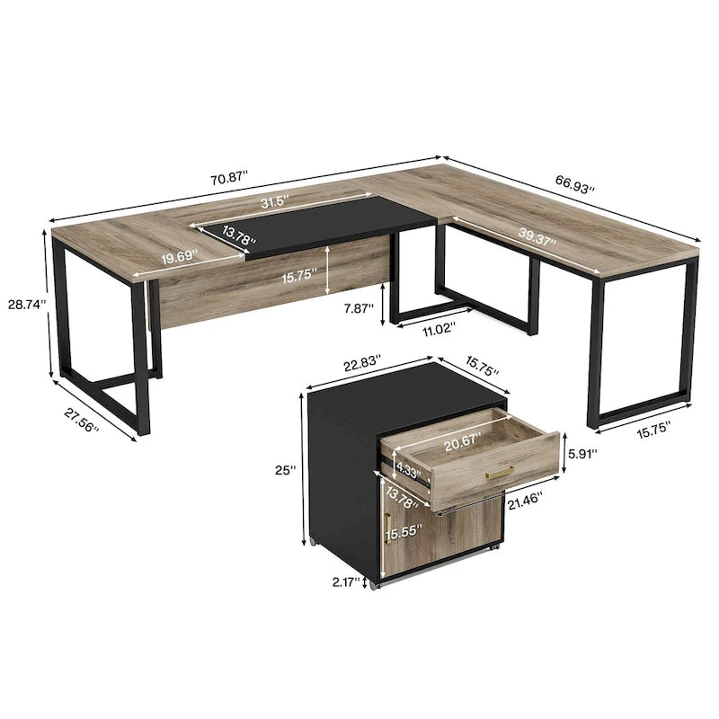70.8 Inch Executive Desk with File Cabinet Large L Shaped Office Executive Desk Computer Desk