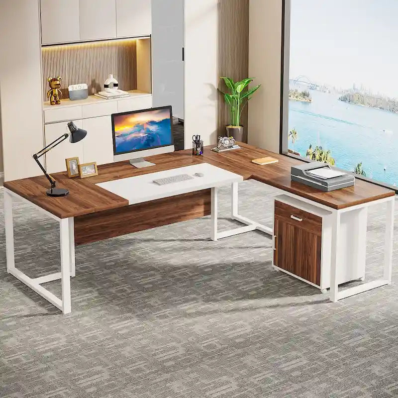 70.8 Inch Executive Desk with File Cabinet Large L Shaped Office Executive Desk Computer Desk