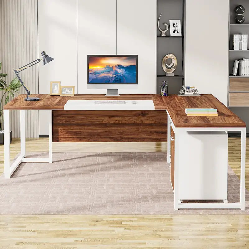 70.8 Inch Executive Desk with File Cabinet Large L Shaped Office Executive Desk Computer Desk
