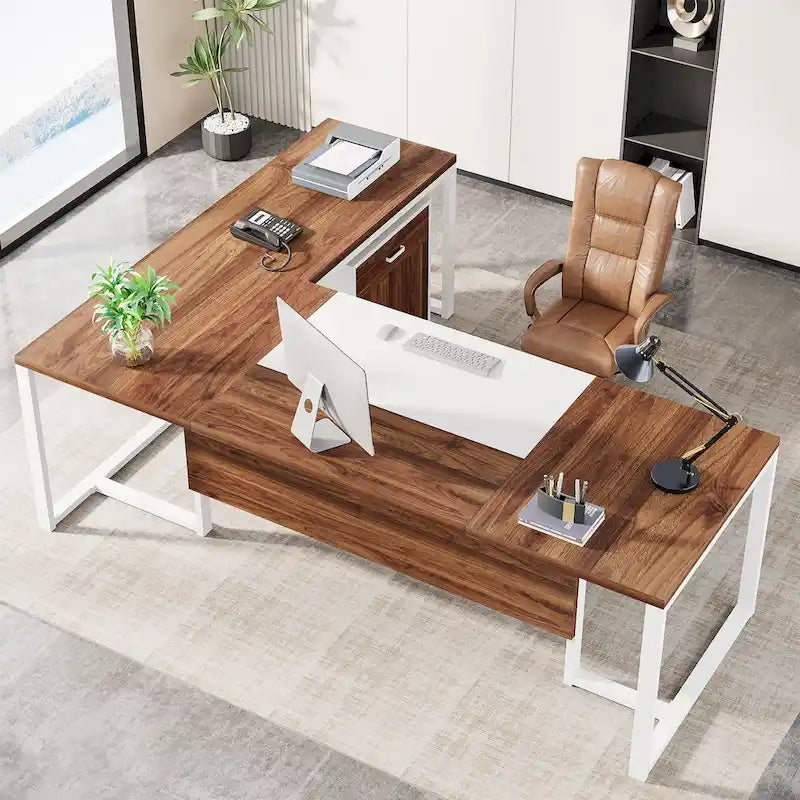 70.8 Inch Executive Desk with File Cabinet Large L Shaped Office Executive Desk Computer Desk