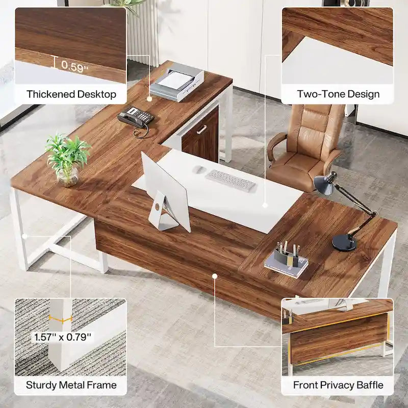 70.8 Inch Executive Desk with File Cabinet Large L Shaped Office Executive Desk Computer Desk