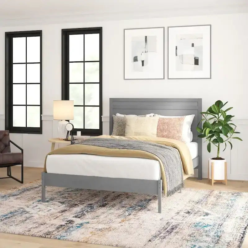 Solid Wood Platform Bed with Headboard and Wooden Slats
