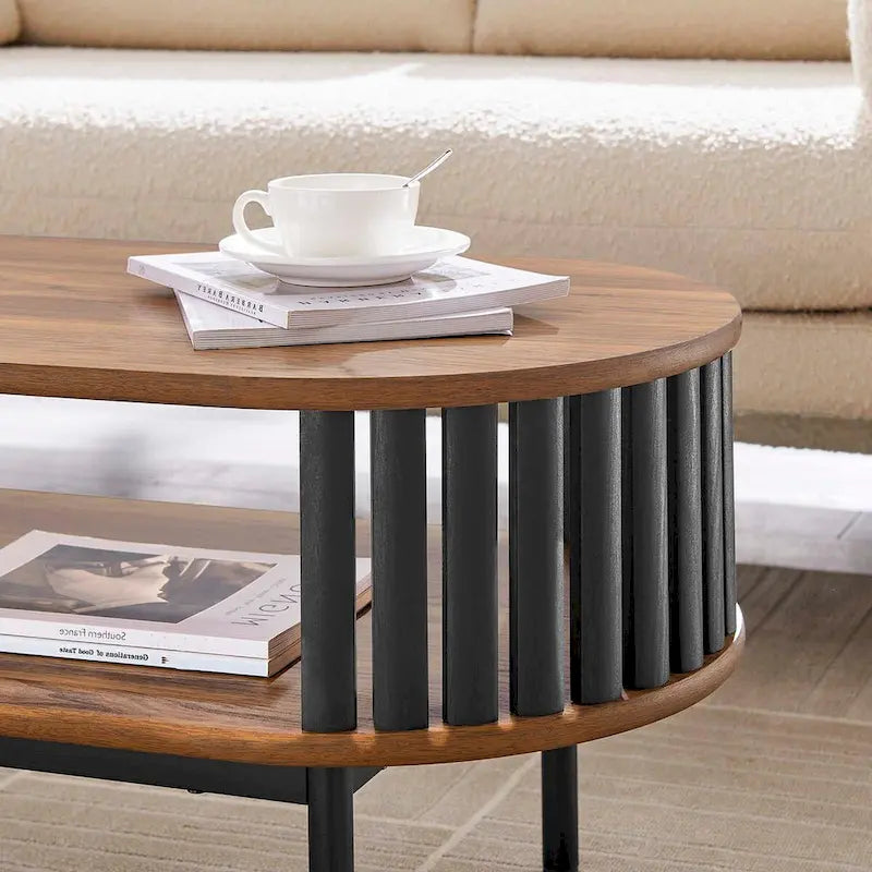 Modern Two-tone Wooden Oval Coffee Table with Shelf