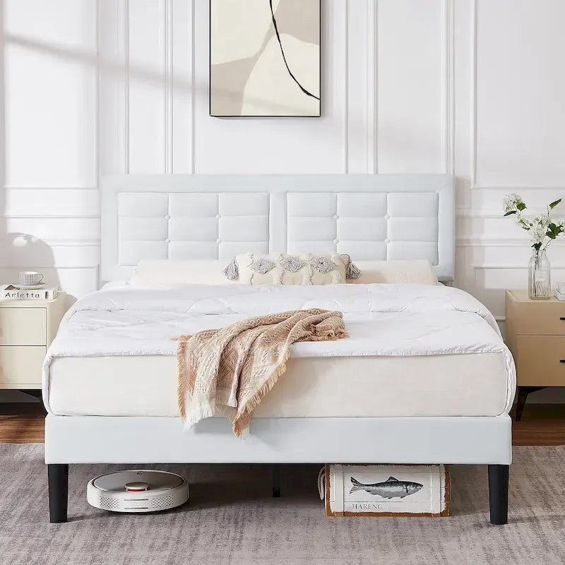 Struttura per letto a piattaforma moderna imbottita con testiera capitonné regolabile in altezza